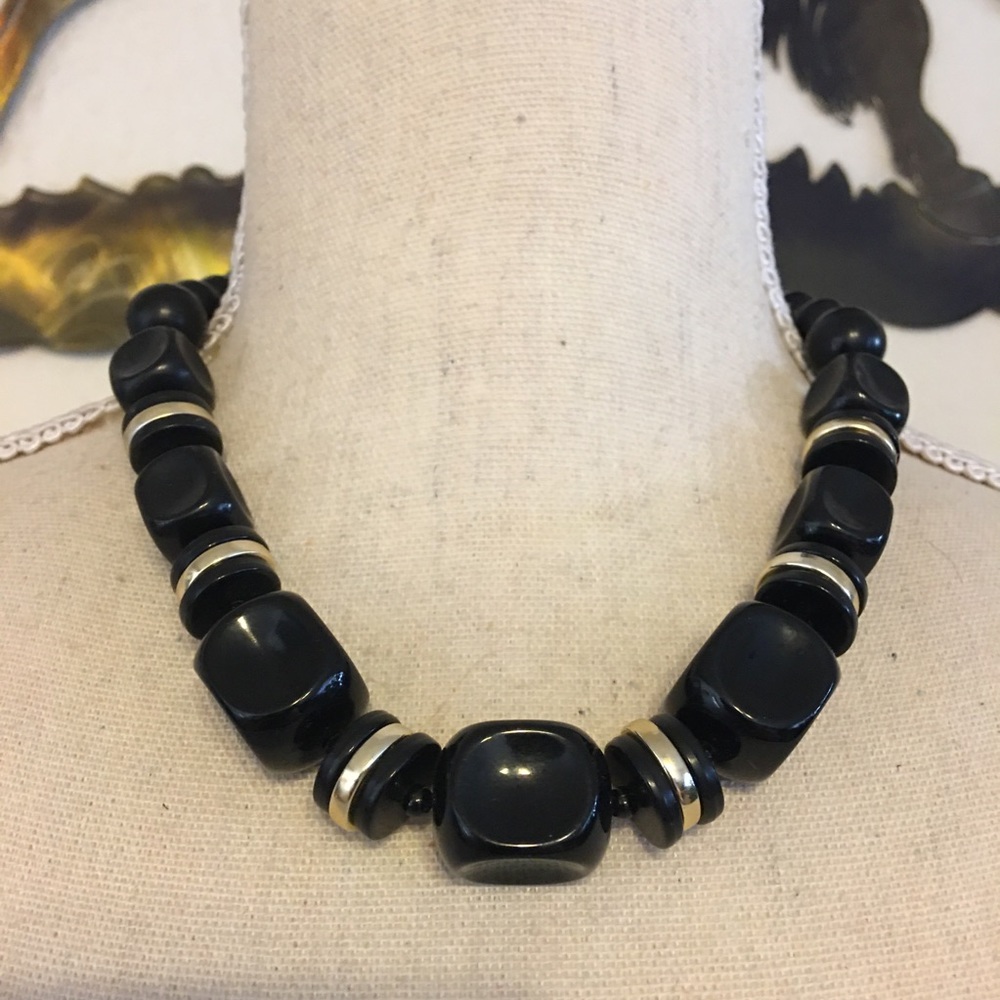 Vintage black beads with gold accent necklace